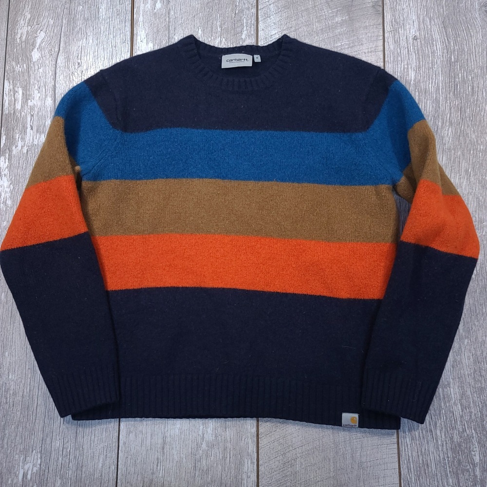 Carhartt WIP Sweater Mens Medium Navy Blue Striped Goldner Lambswool Knit